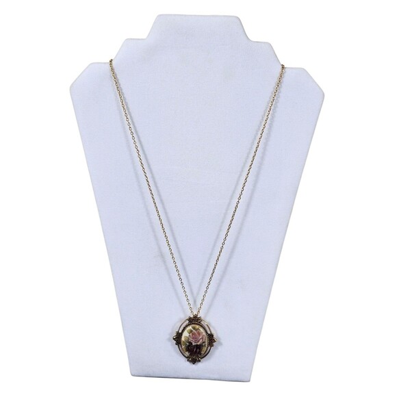 Vtg Sarah Coventry Gold Tone Pink Burgundy Cameo Roses Necklace 12in & Pendant - Picture 2 of 5